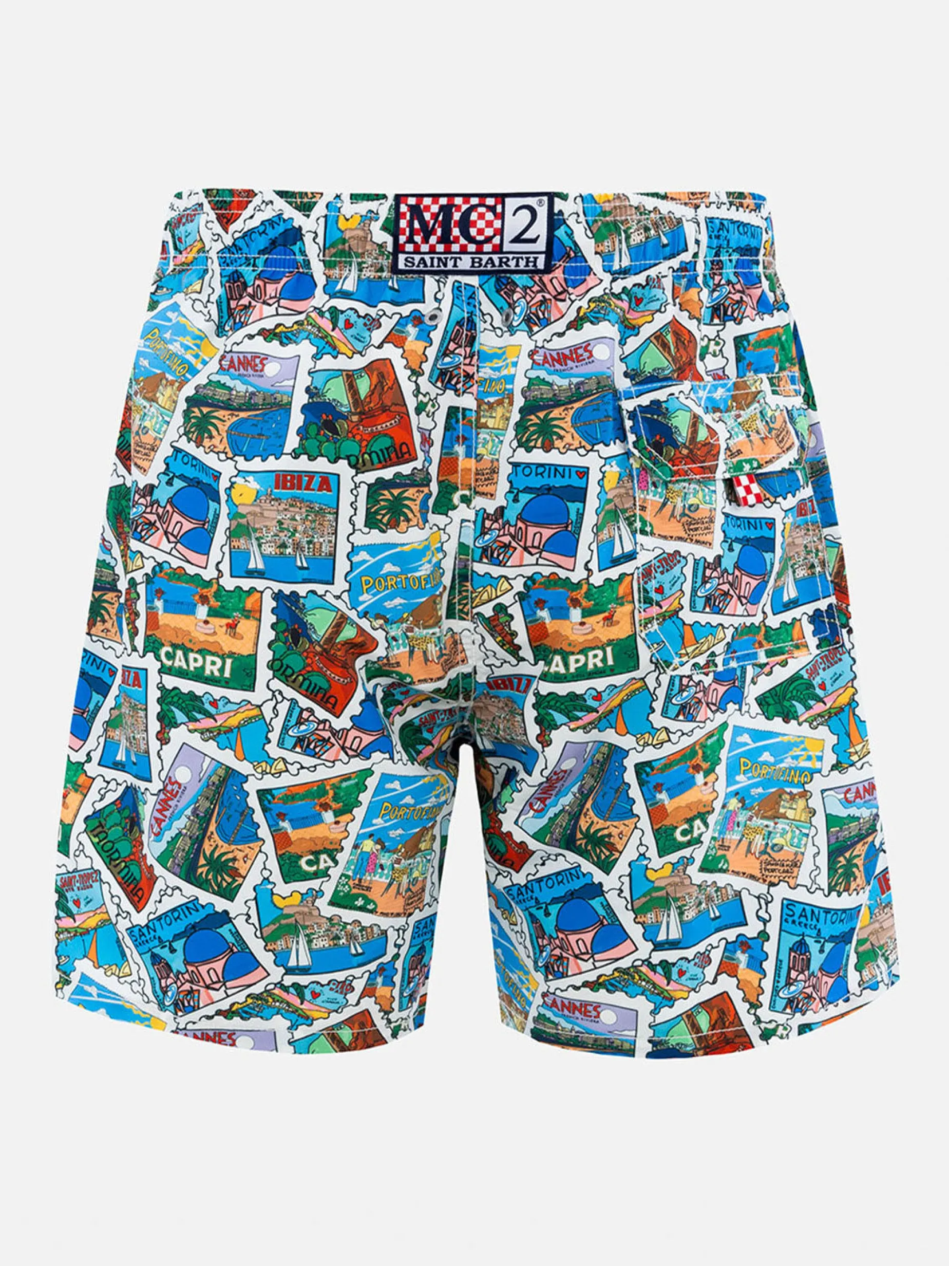Mittellange Gustavia-Badeshorts für Herren mit Postkarten-Mix-Print | ALESSANDRO ENRIQUEZ SONDERAUSGABE