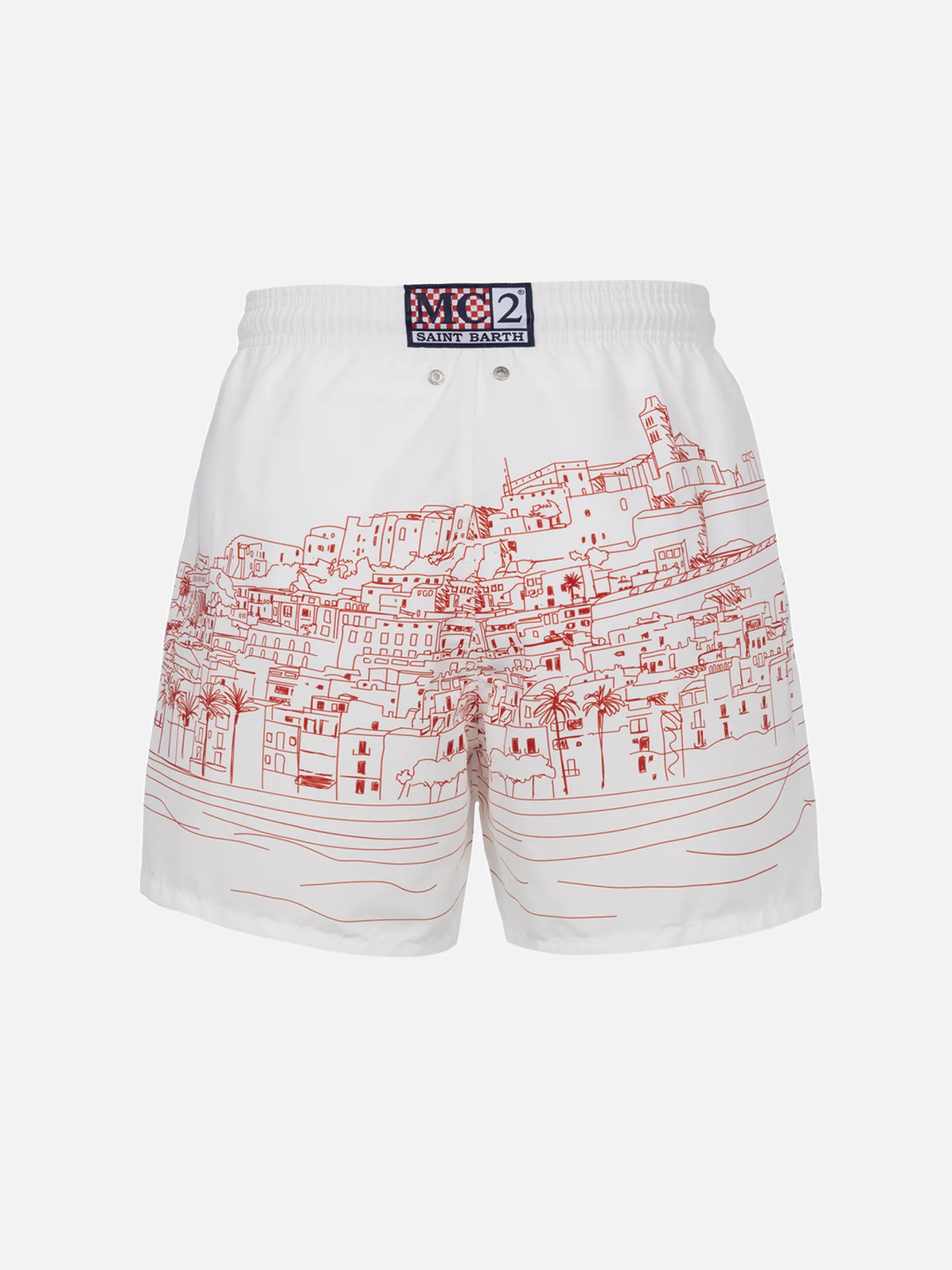Mittellange Gustavia-Badeshorts für Herren mit platziertem „Ibiza“-Aufdruck
