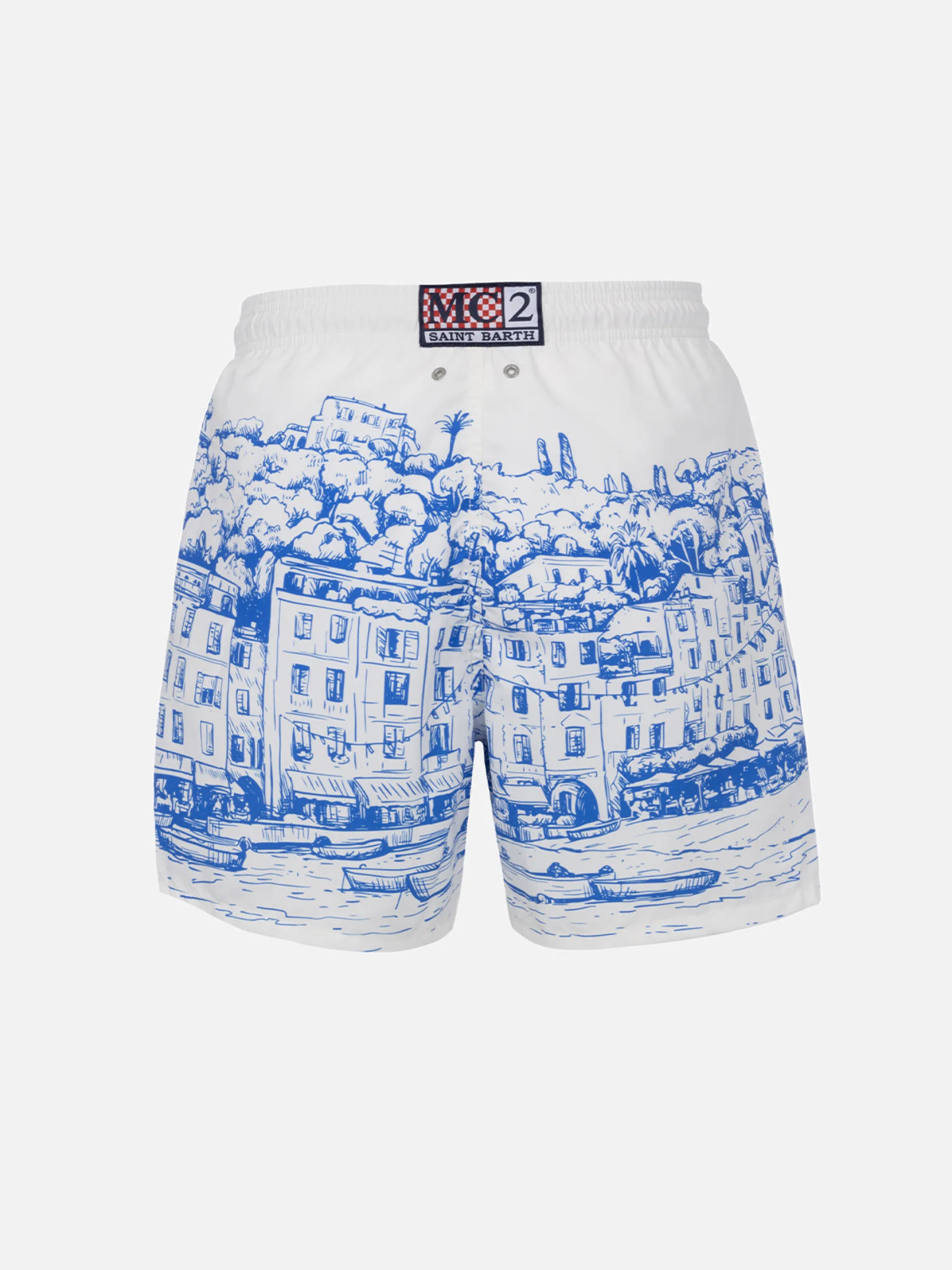 Mittellange Gustavia-Badeshorts für Herren mit platziertem Portofino-Aufdruck
