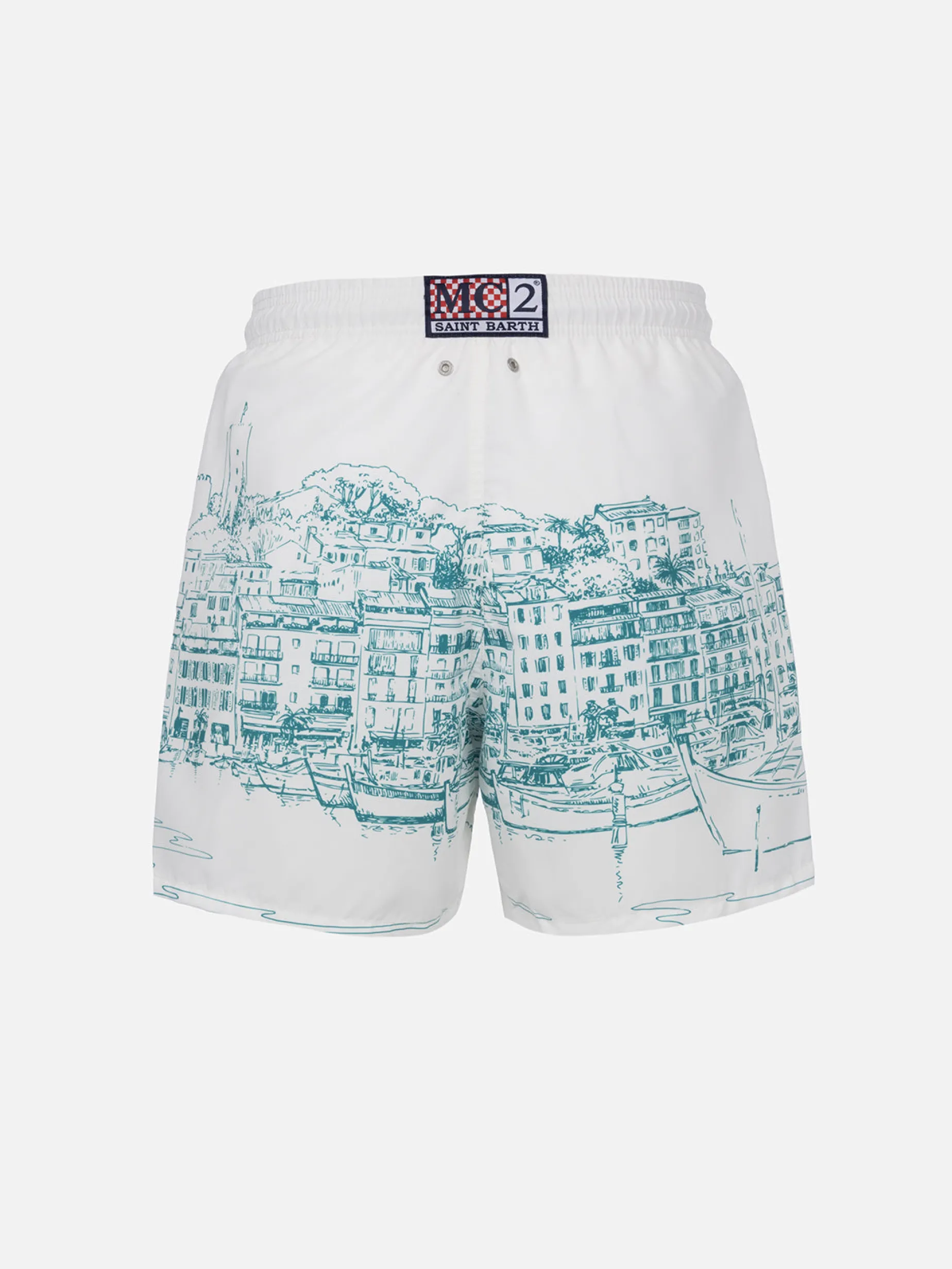 Mittellange Gustavia-Badeshorts für Herren mit platziertem Cannes-Aufdruck