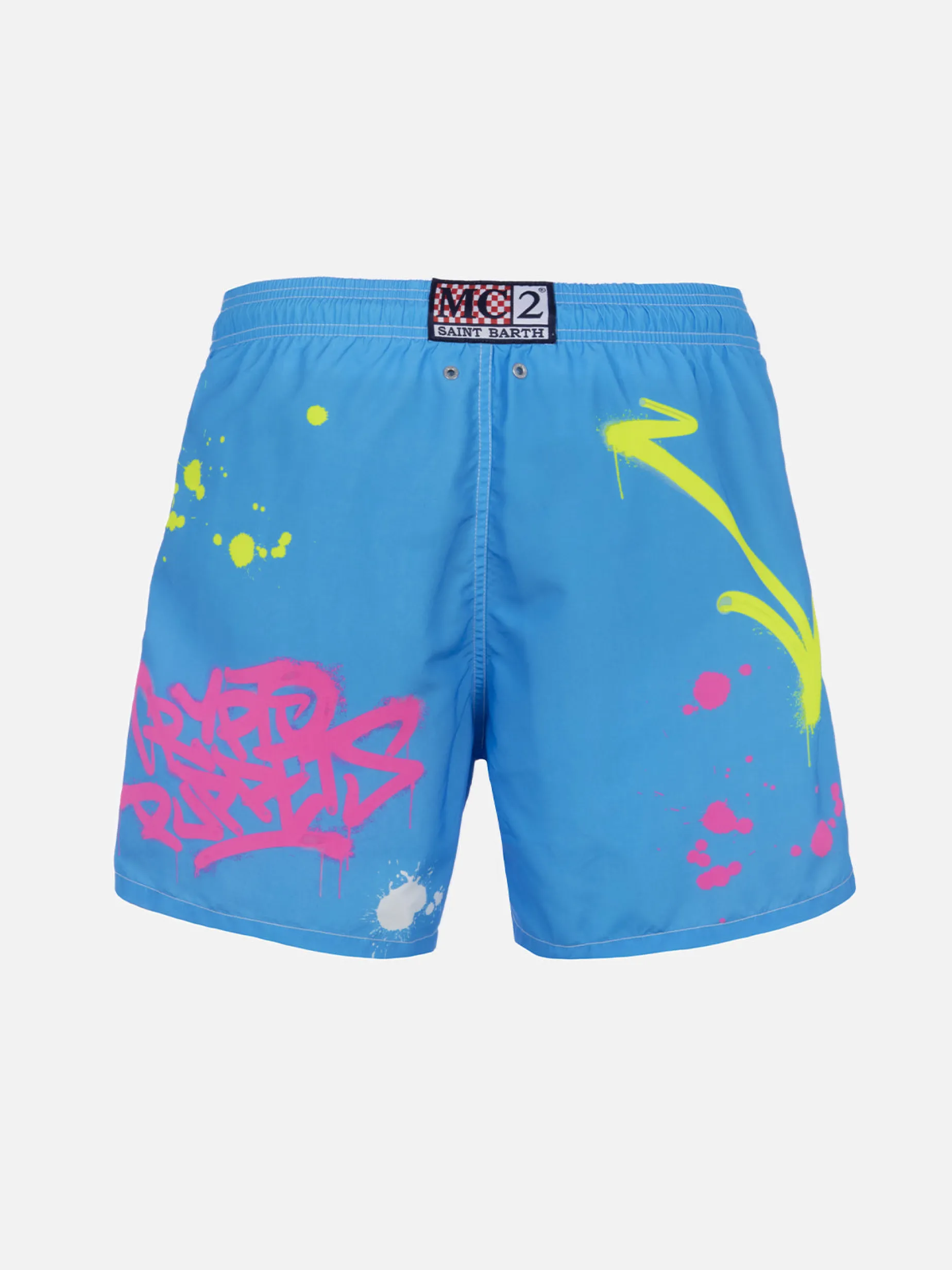 Mittellange Gustavia-Badeshorts für Herren mit platziertem Enten-Cryptopuppets-Aufdruck | CRYPTOPUPPET-SONDERAUSGABE