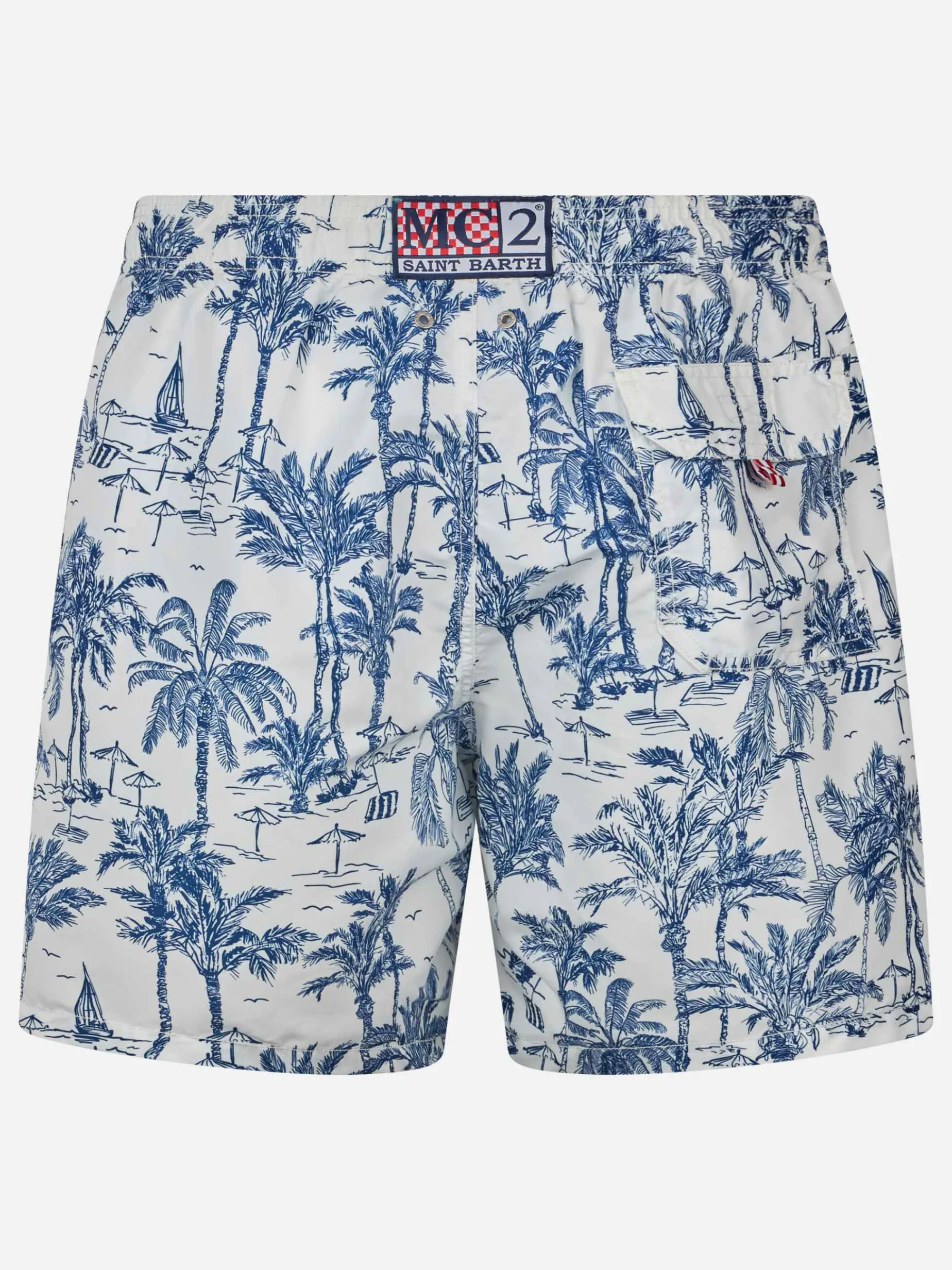 Mittellange Gustavia-Badeshorts für Herren mit Toile de Jouy-Aufdruck