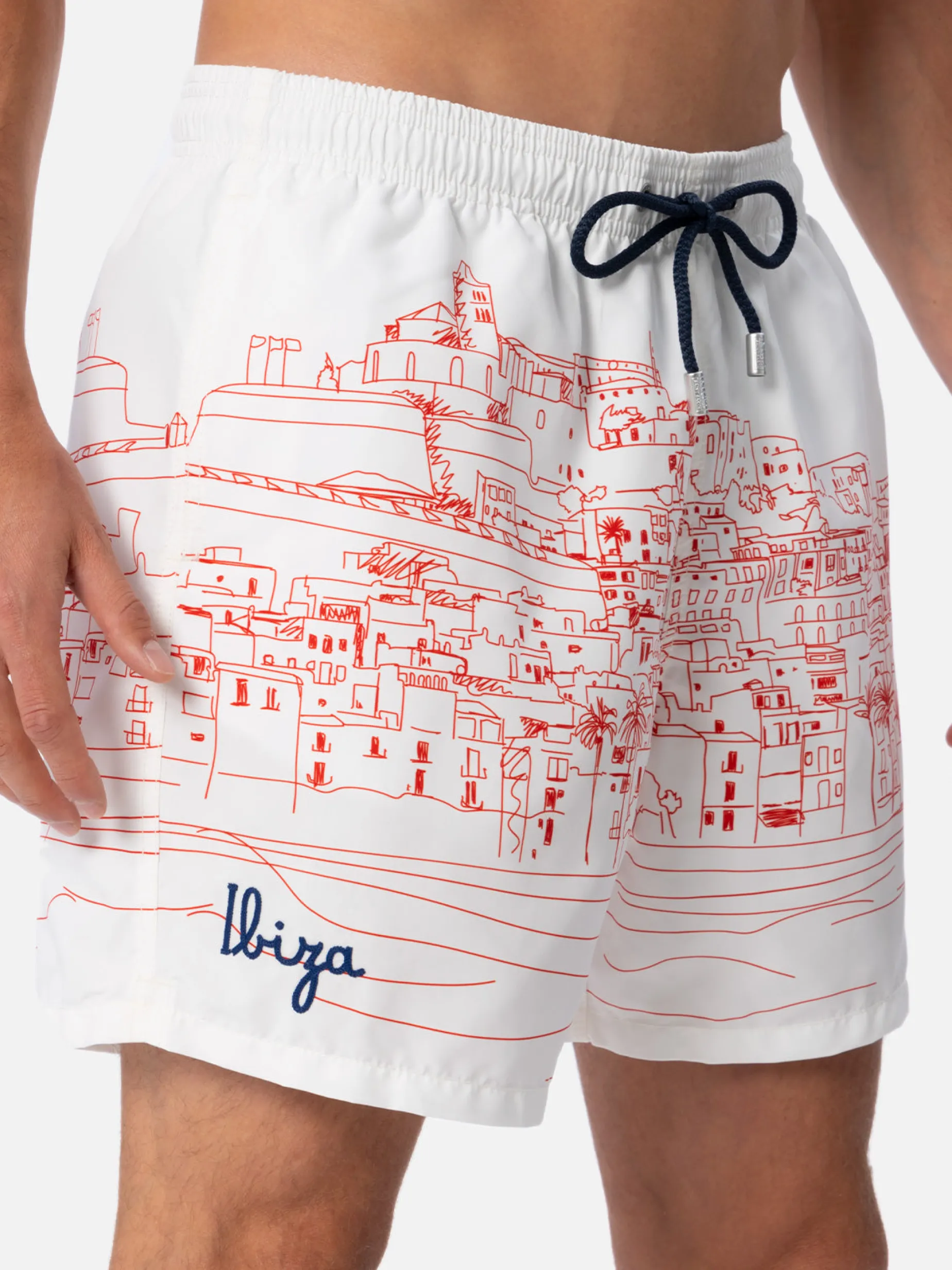 Mittellange Gustavia-Badeshorts für Herren mit platziertem „Ibiza“-Aufdruck