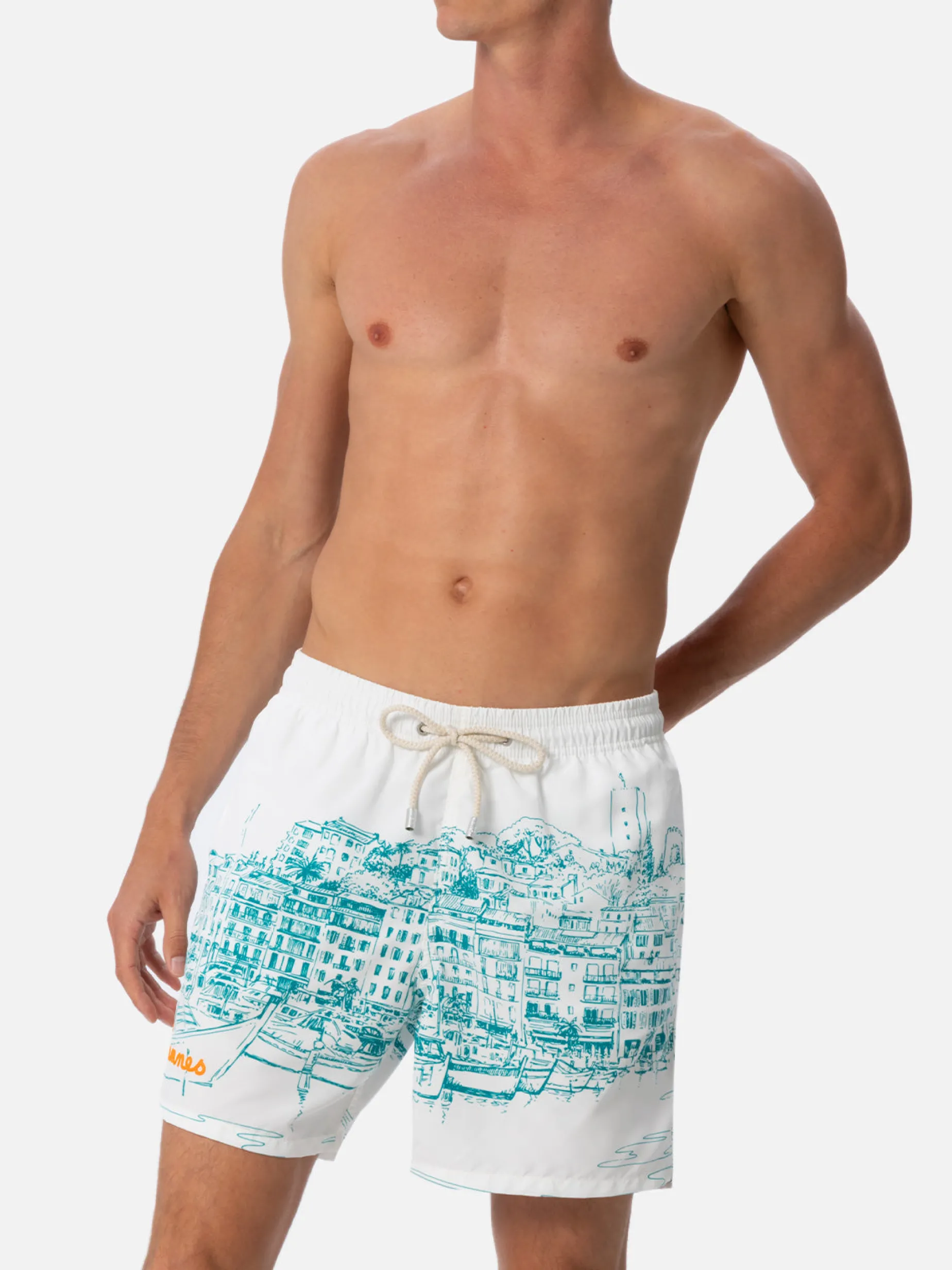 Mittellange Gustavia-Badeshorts für Herren mit platziertem Cannes-Aufdruck