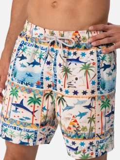 Mittellange Gustavia-Badeshorts für Herren mit ägyptischem Hai-Print | AI CO-CREATED DESIGN BY RICKDICK - POWERED BY RED-EYE