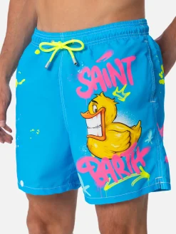 Mittellange Gustavia-Badeshorts für Herren mit platziertem Enten-Cryptopuppets-Aufdruck | CRYPTOPUPPET-SONDERAUSGABE