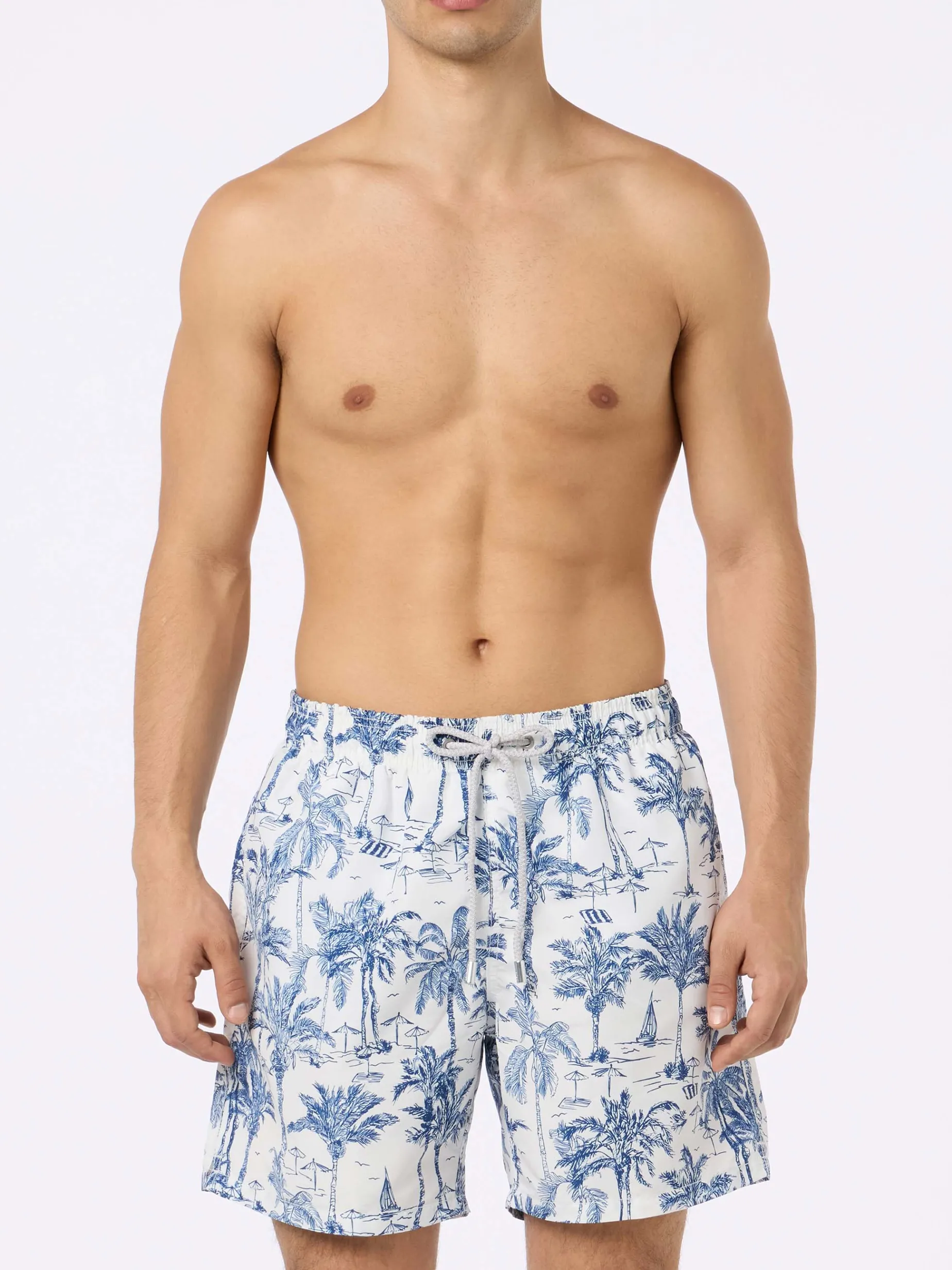 Mittellange Gustavia-Badeshorts für Herren mit Toile de Jouy-Aufdruck