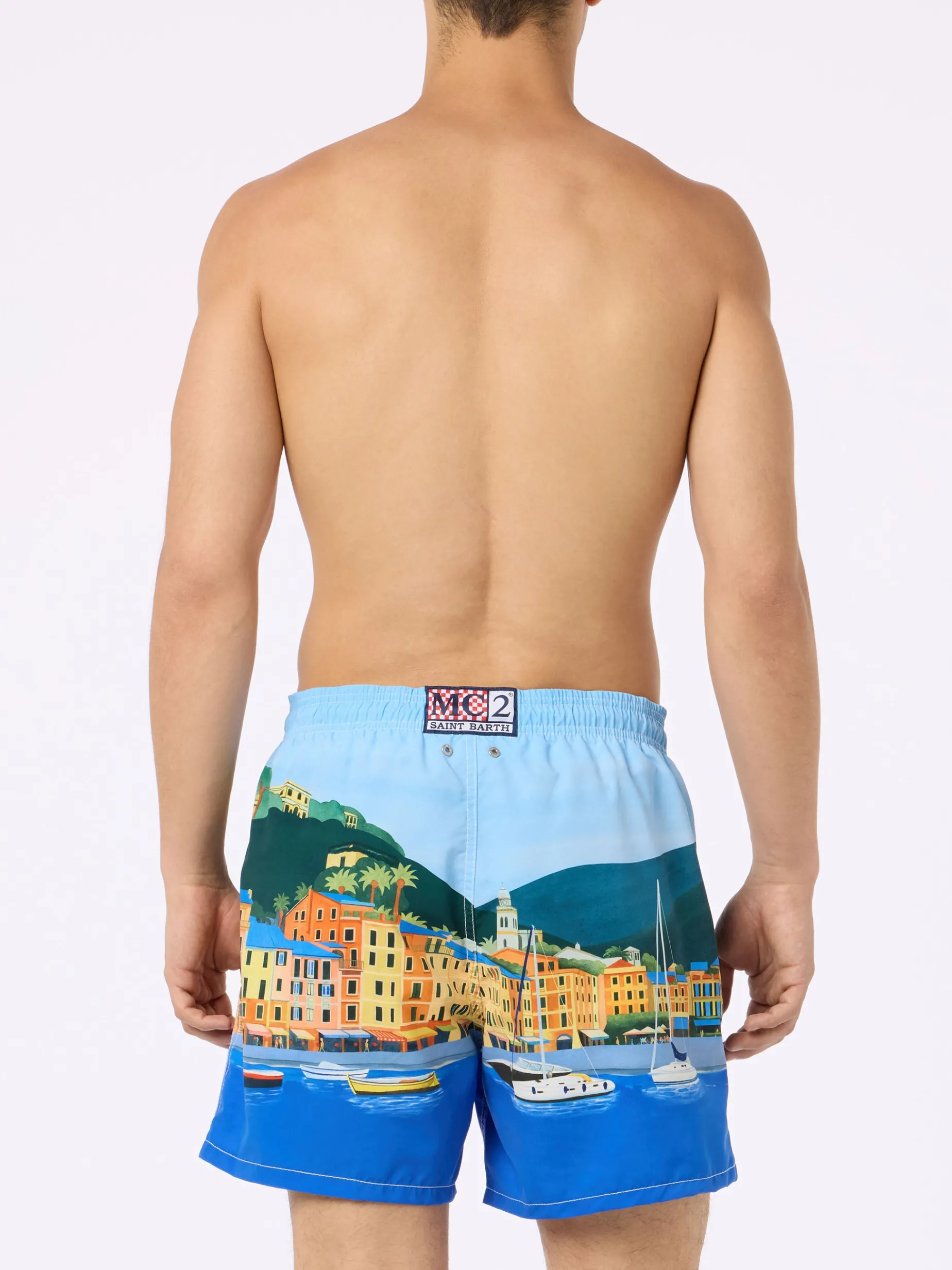 Mittellange Gustavia-Badeshorts für Herren mit platziertem Portofino-Aufdruck