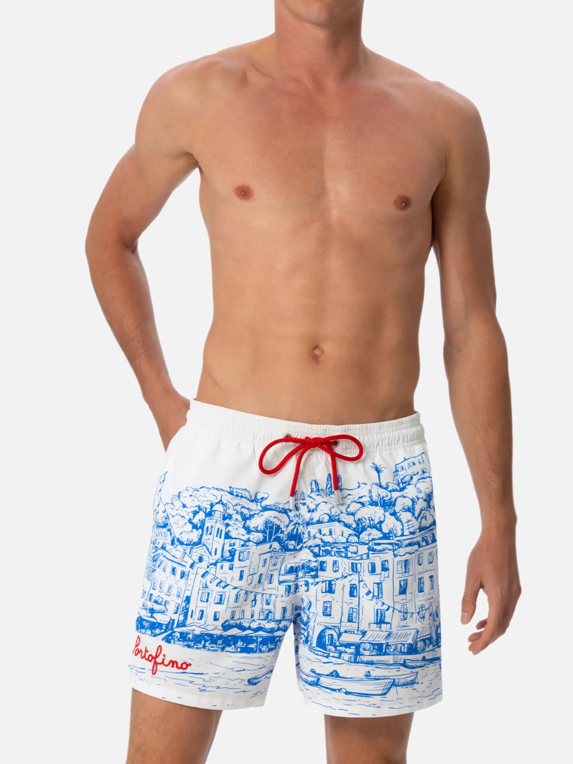 Mittellange Gustavia-Badeshorts für Herren mit platziertem Portofino-Aufdruck