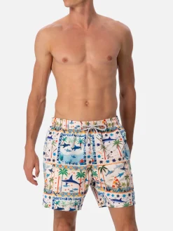 Mittellange Gustavia-Badeshorts für Herren mit ägyptischem Hai-Print | AI CO-CREATED DESIGN BY RICKDICK - POWERED BY RED-EYE