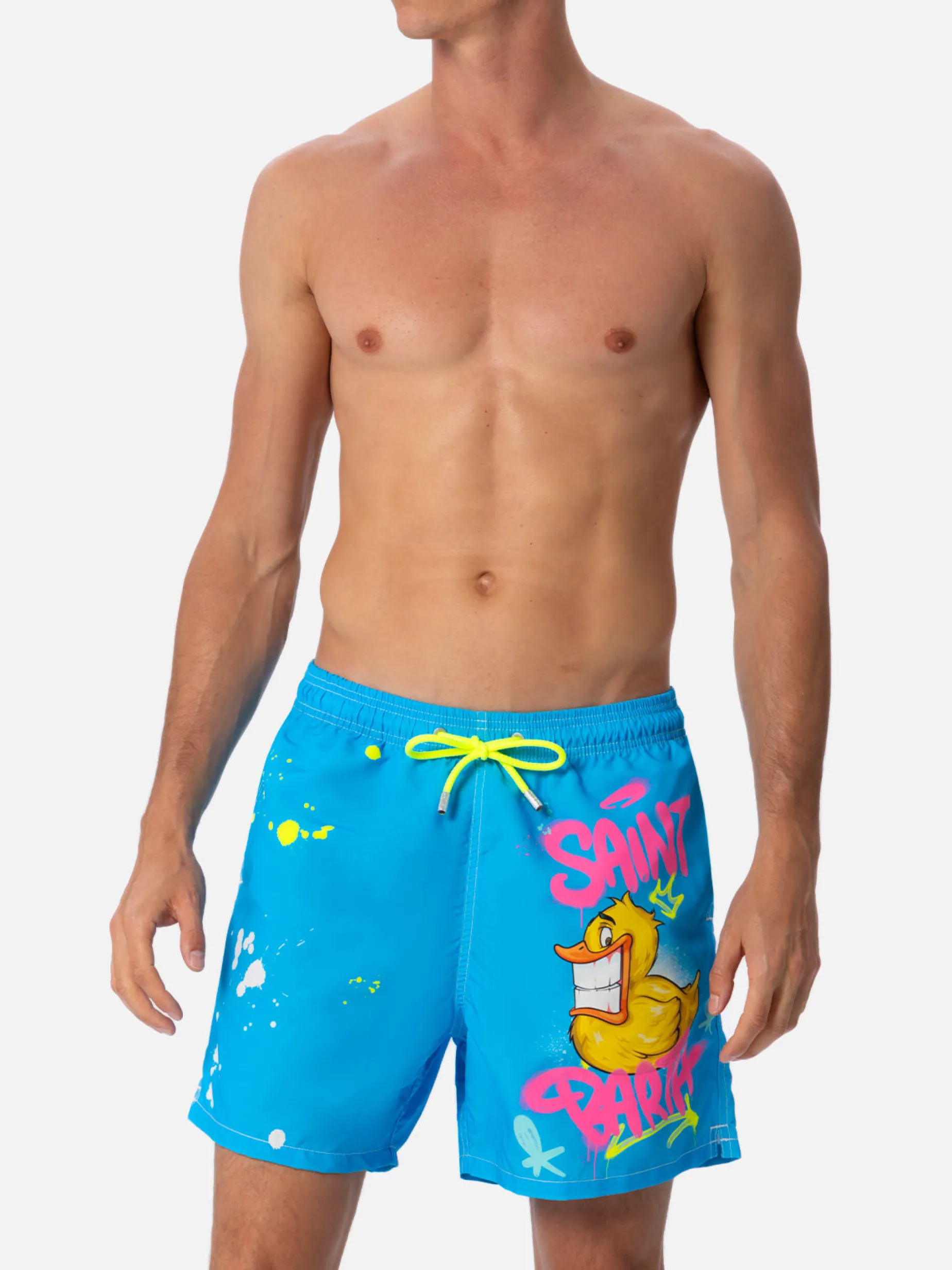 Mittellange Gustavia-Badeshorts für Herren mit platziertem Enten-Cryptopuppets-Aufdruck | CRYPTOPUPPET-SONDERAUSGABE