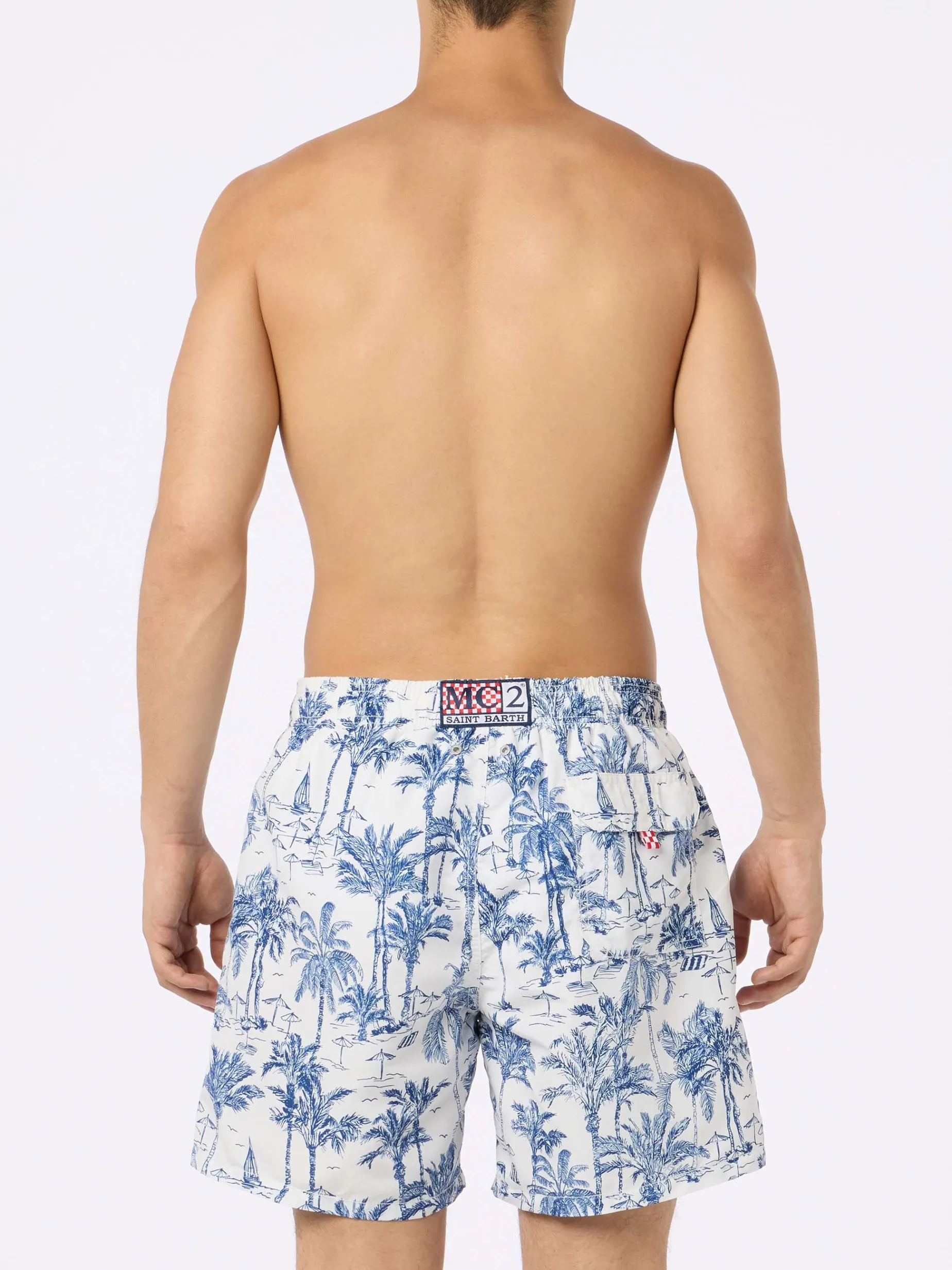 Mittellange Gustavia-Badeshorts für Herren mit Toile de Jouy-Aufdruck