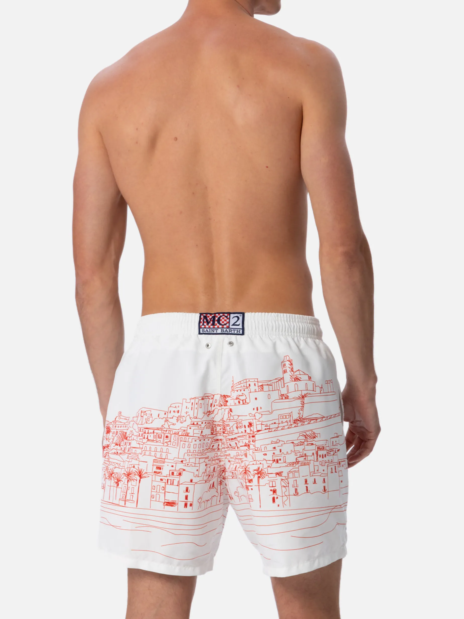 Mittellange Gustavia-Badeshorts für Herren mit platziertem „Ibiza“-Aufdruck