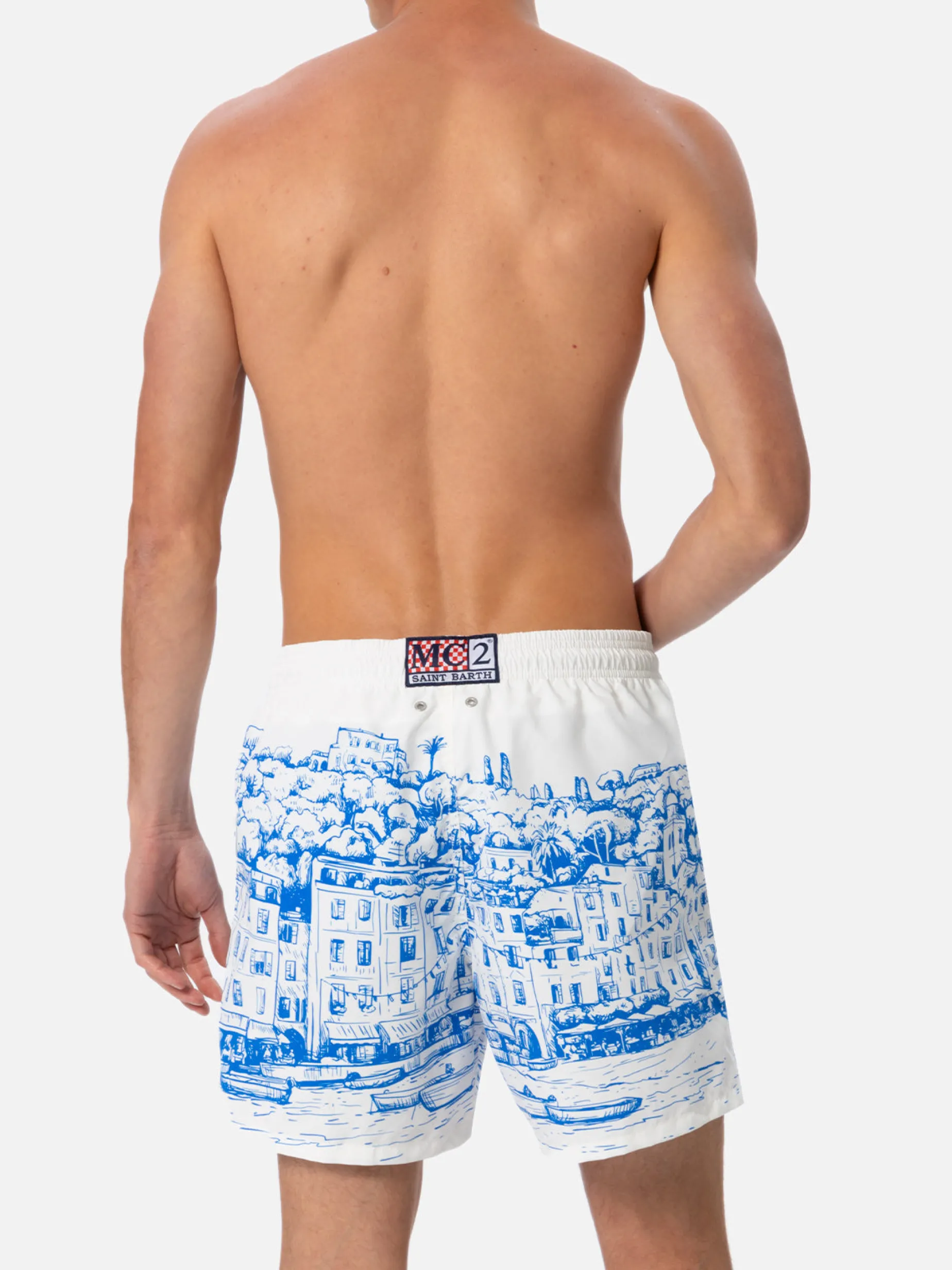 Mittellange Gustavia-Badeshorts für Herren mit platziertem Portofino-Aufdruck
