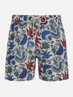 Mittellange Herren-Badeshorts Gustavia aus Leinen mit Blumendruck