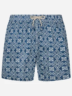 Mittellange Herren-Badeshorts Gustavia aus Leinen mit Majolika-Print