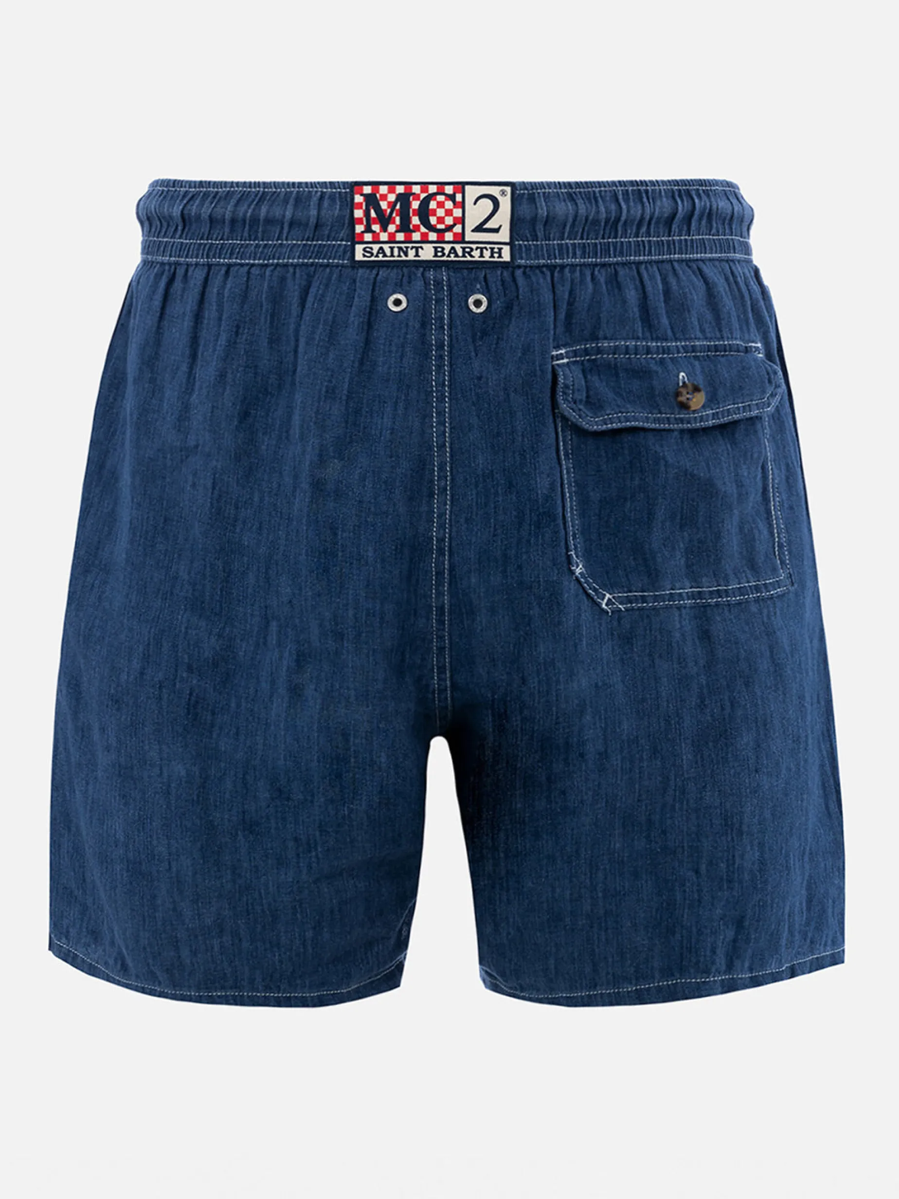 Mittellange Herren-Badeshorts aus Denim in Blau aus Leinen Gustavia