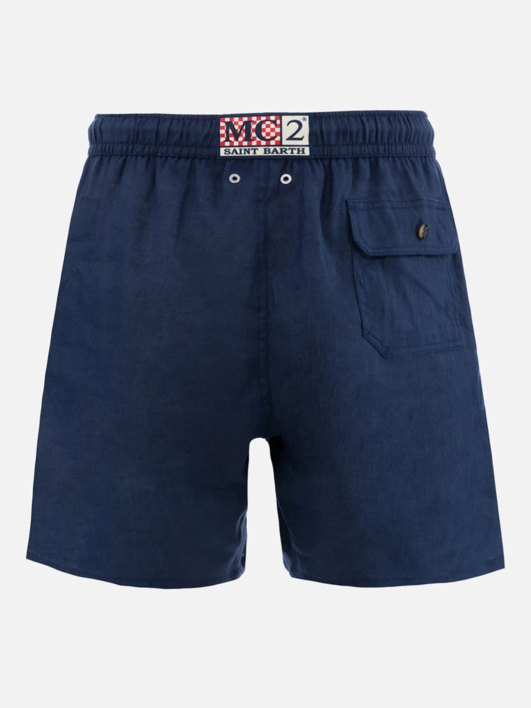Mittellange Herren-Badeshorts aus marineblauem Leinen Gustavia