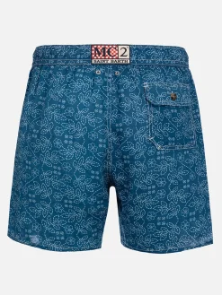 Mittellange Herren-Badeshorts Gustavia aus Leinen mit Sashiko-Print