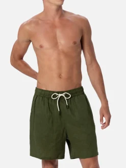 Mittellange Herren-Badeshorts aus militärgrünem Leinen Gustavia