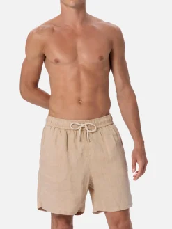 Mittellange Herren-Badeshorts aus beigem Leinen Gustavia