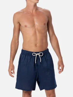 Mittellange Herren-Badeshorts aus marineblauem Leinen Gustavia