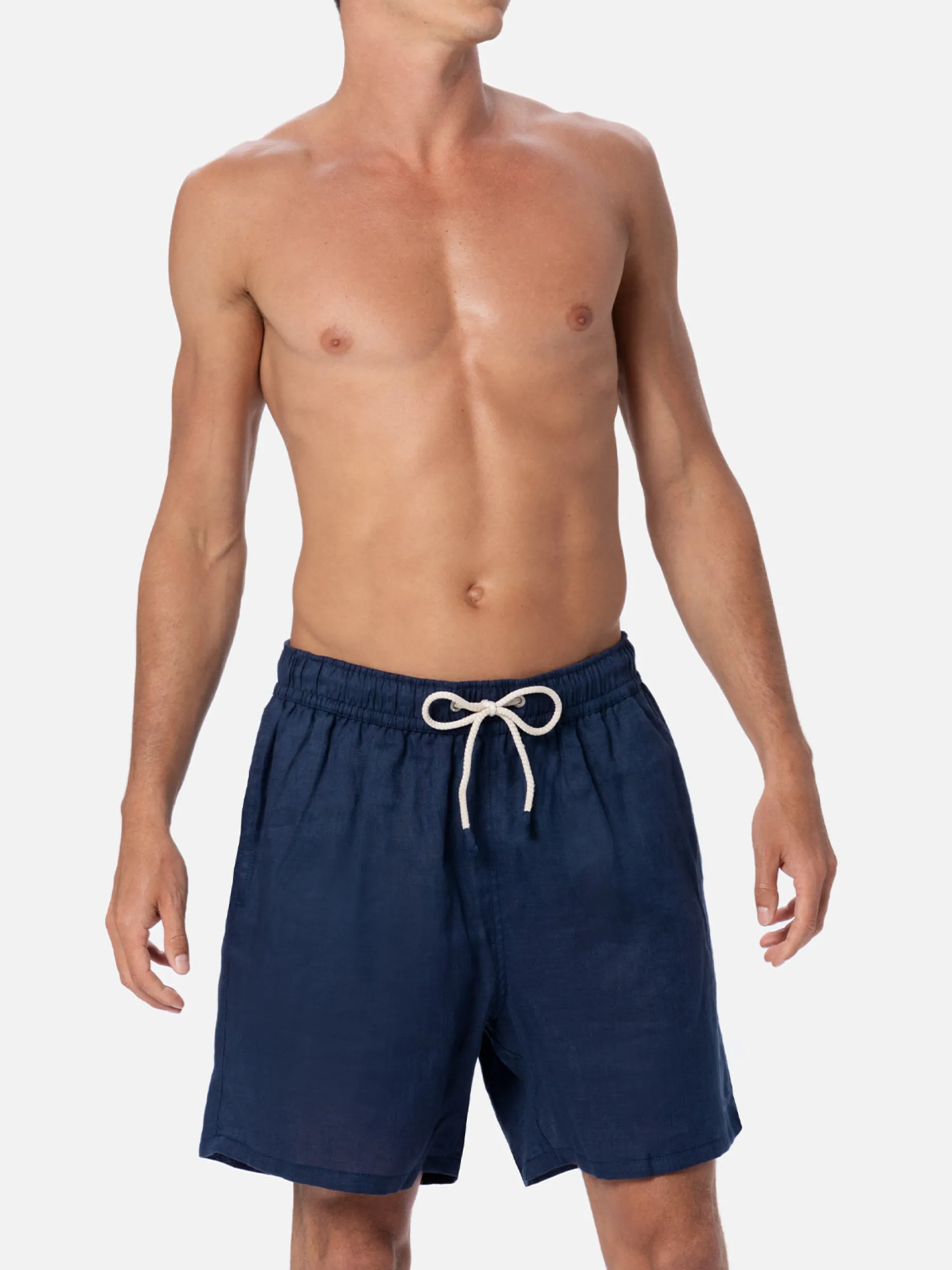 Mittellange Herren-Badeshorts aus marineblauem Leinen Gustavia