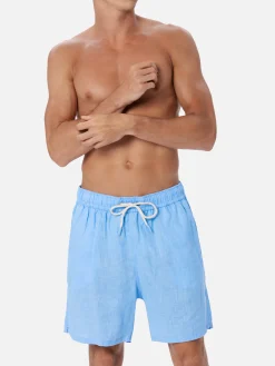 Mittellange Herren-Badeshorts aus himmelblauem Leinen Gustavia