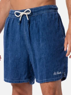 Mittellange Herren-Badeshorts aus Denim in Blau aus Leinen Gustavia