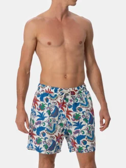 Mittellange Herren-Badeshorts Gustavia aus Leinen mit Blumendruck