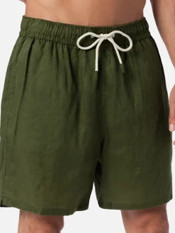 Mittellange Herren-Badeshorts aus militärgrünem Leinen Gustavia