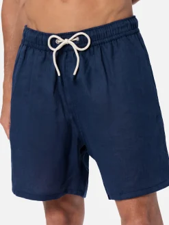 Mittellange Herren-Badeshorts aus marineblauem Leinen Gustavia