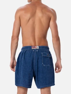 Mittellange Herren-Badeshorts aus Denim in Blau aus Leinen Gustavia