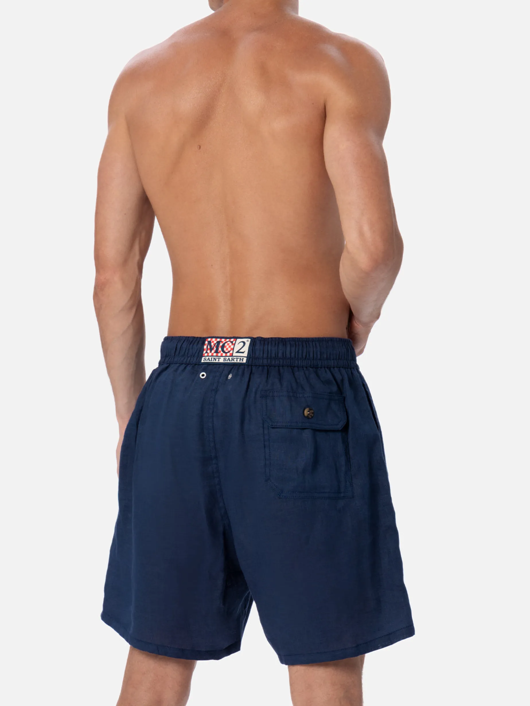 Mittellange Herren-Badeshorts aus marineblauem Leinen Gustavia