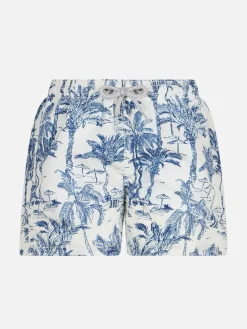 Mittellange Jeans-Badeshorts für Jungen mit Toile-de-Jouy-Print