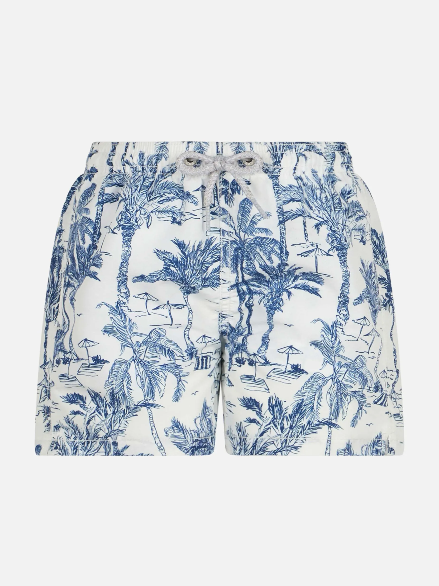 Mittellange Jeans-Badeshorts für Jungen mit Toile-de-Jouy-Print