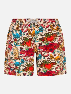 Mittellange Jeans-Badeshorts für Jungen mit Streifendruck