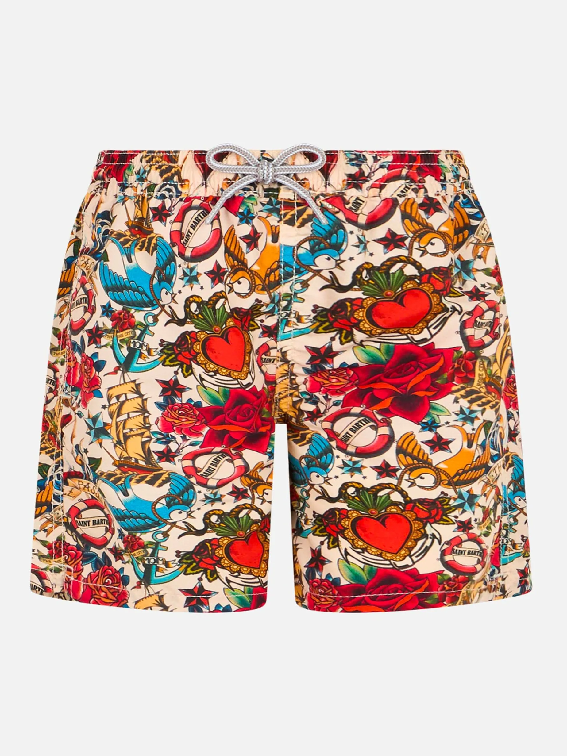 Mittellange Jeans-Badeshorts für Jungen mit Streifendruck