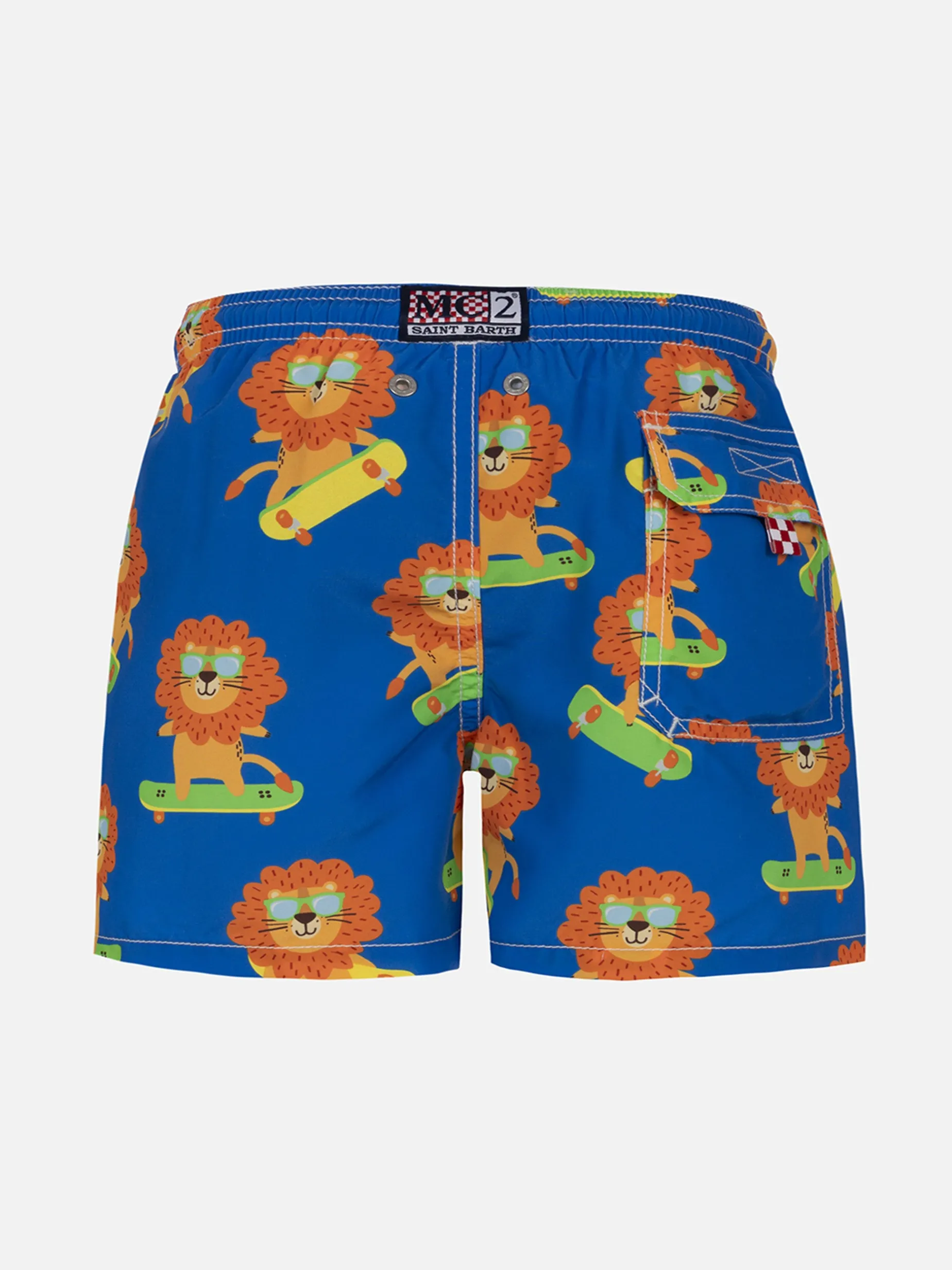 Mittellange Jeans-Badeshorts für Jungen mit Skating-Leo-Print