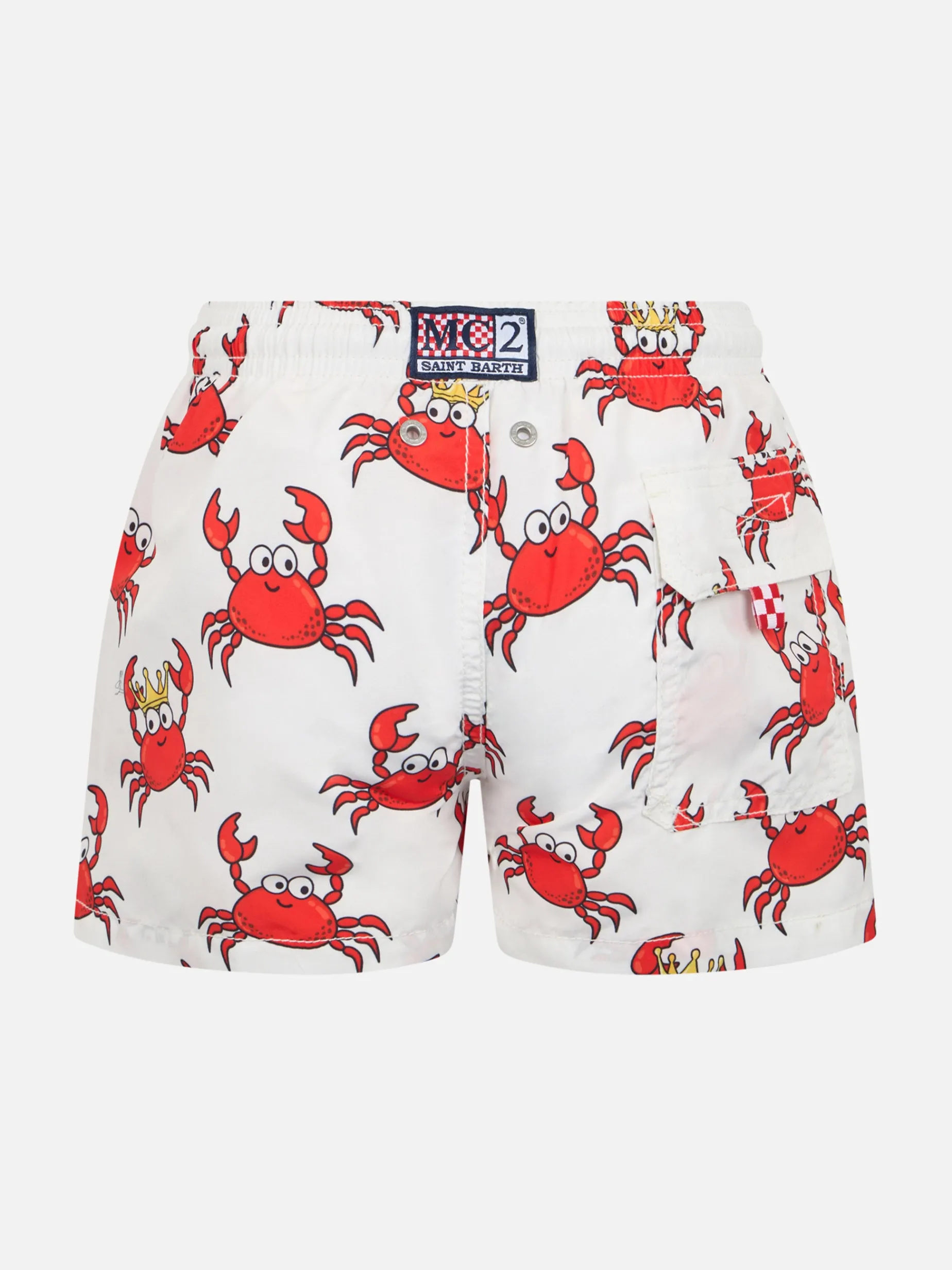 Mittellange Jeans-Badeshorts für Jungen mit Königskrabben-Aufdruck