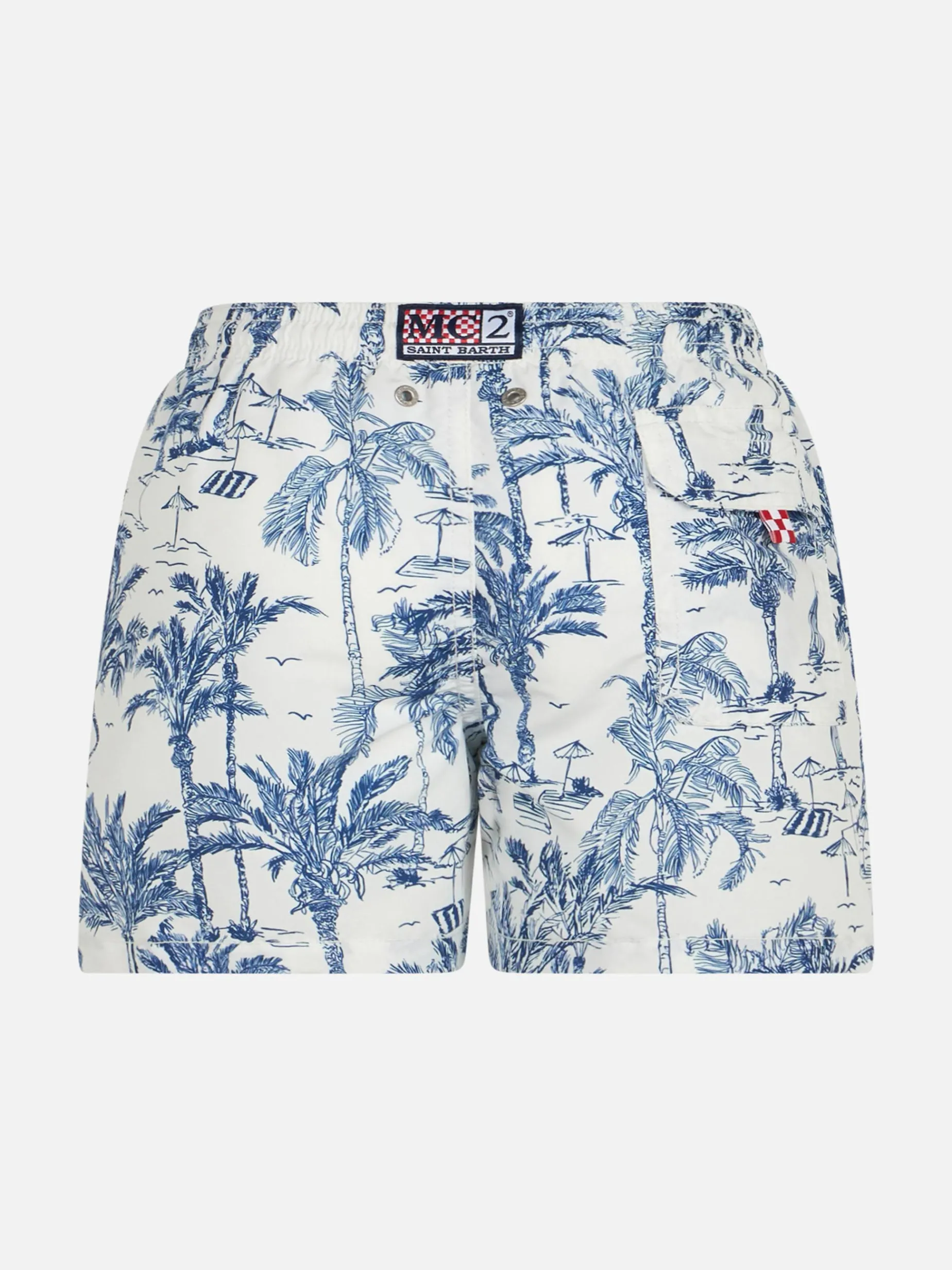 Mittellange Jeans-Badeshorts für Jungen mit Toile-de-Jouy-Print