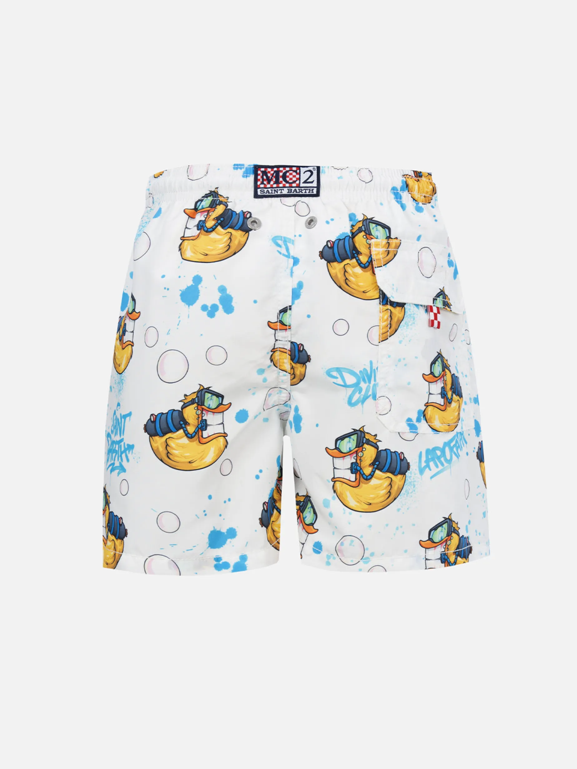 Mittellange Jeans-Badeshorts für Jungen mit Crypto Ducky-Aufdruck | CRYPTOPUPPET-SONDERAUSGABE