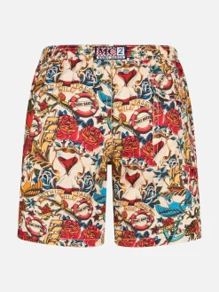 Mittellange Jeans-Badeshorts für Jungen mit Streifendruck