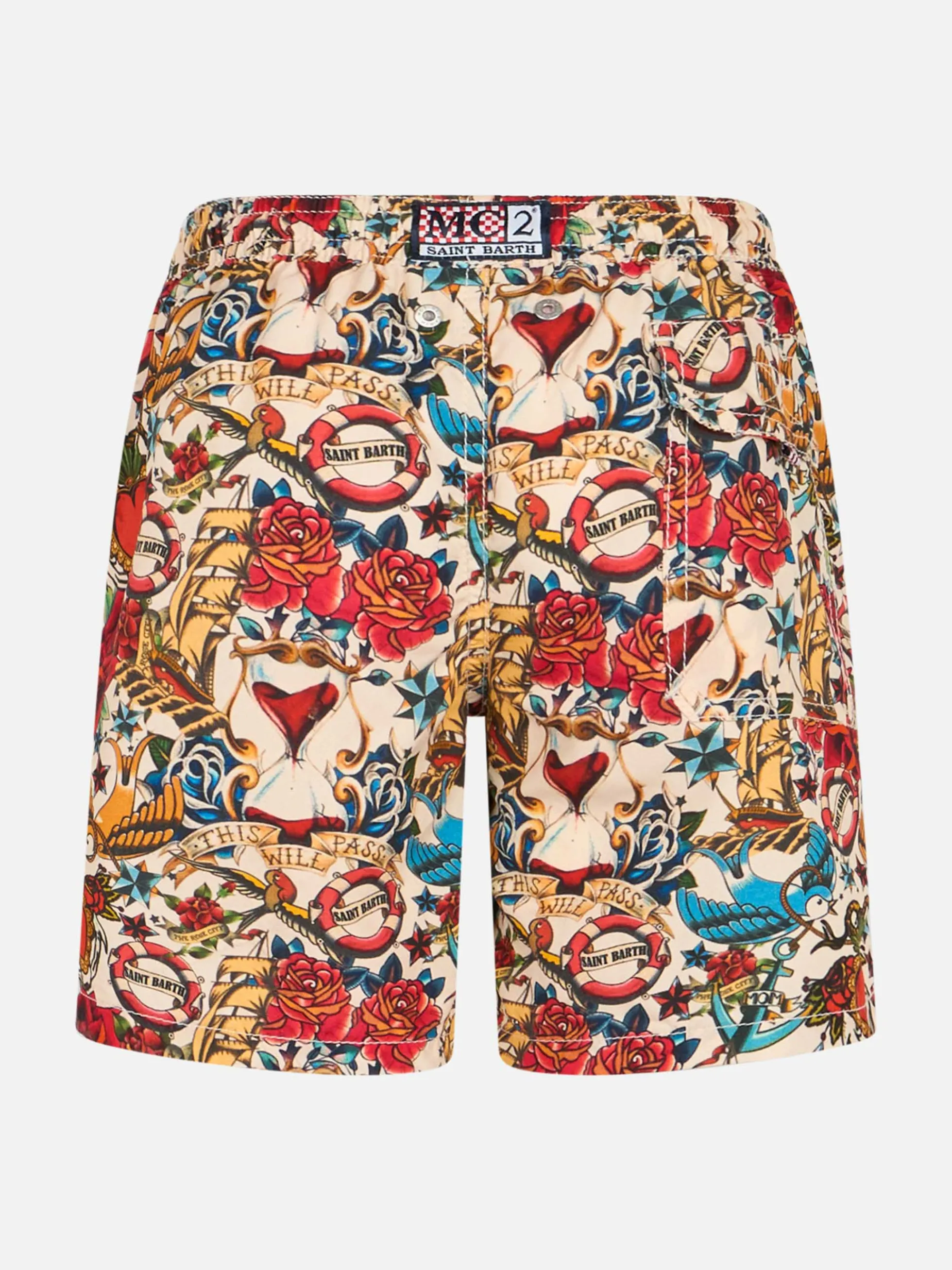 Mittellange Jeans-Badeshorts für Jungen mit Streifendruck