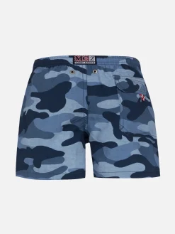 Mittellange Jeans-Badeshorts für Jungen mit Tarnmuster