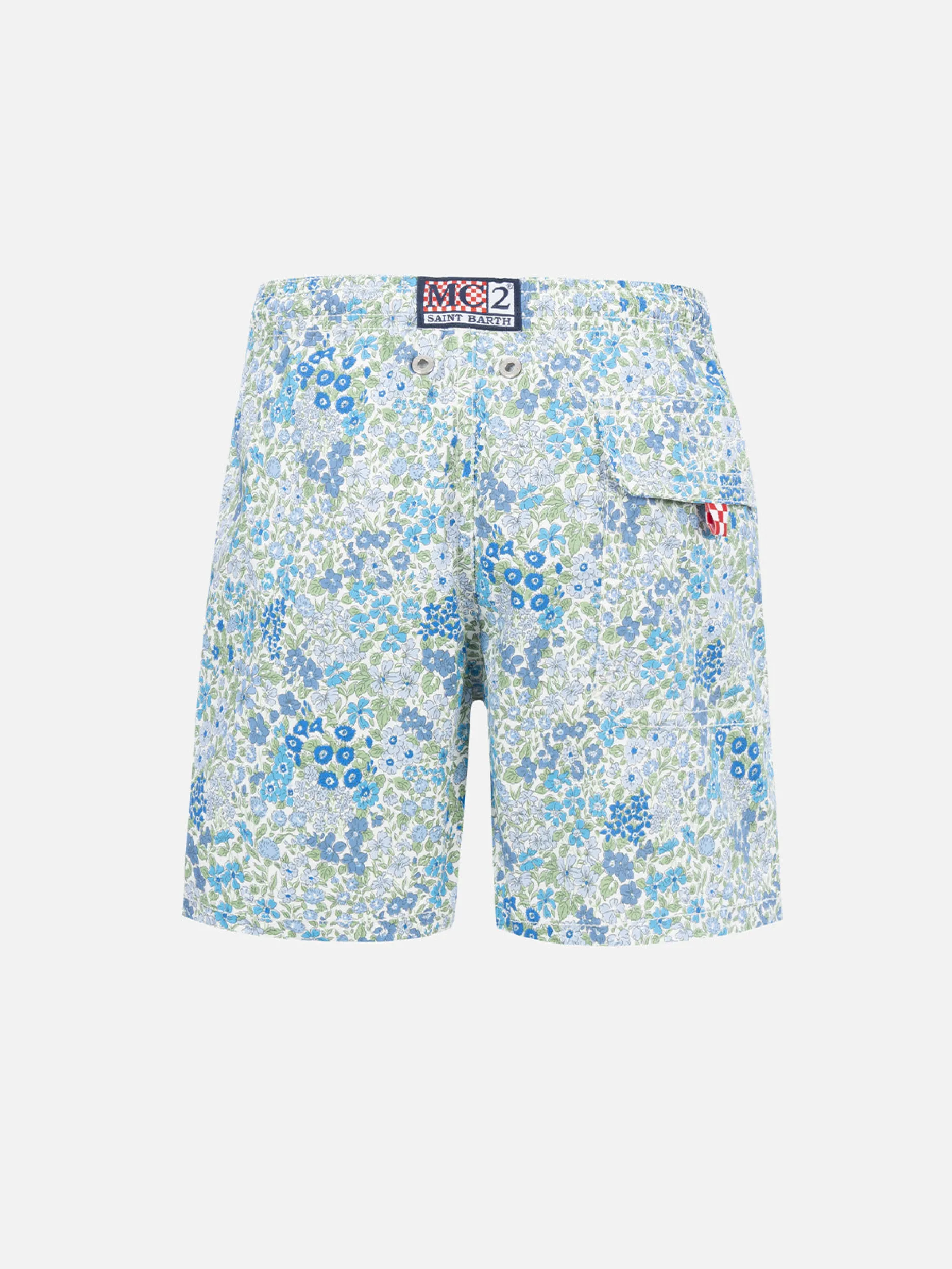 Mittellange Jeans-Badeshorts für Jungen mit Joanna Luise-Aufdruck | HERGESTELLT AUS LIBERTY-STOFF