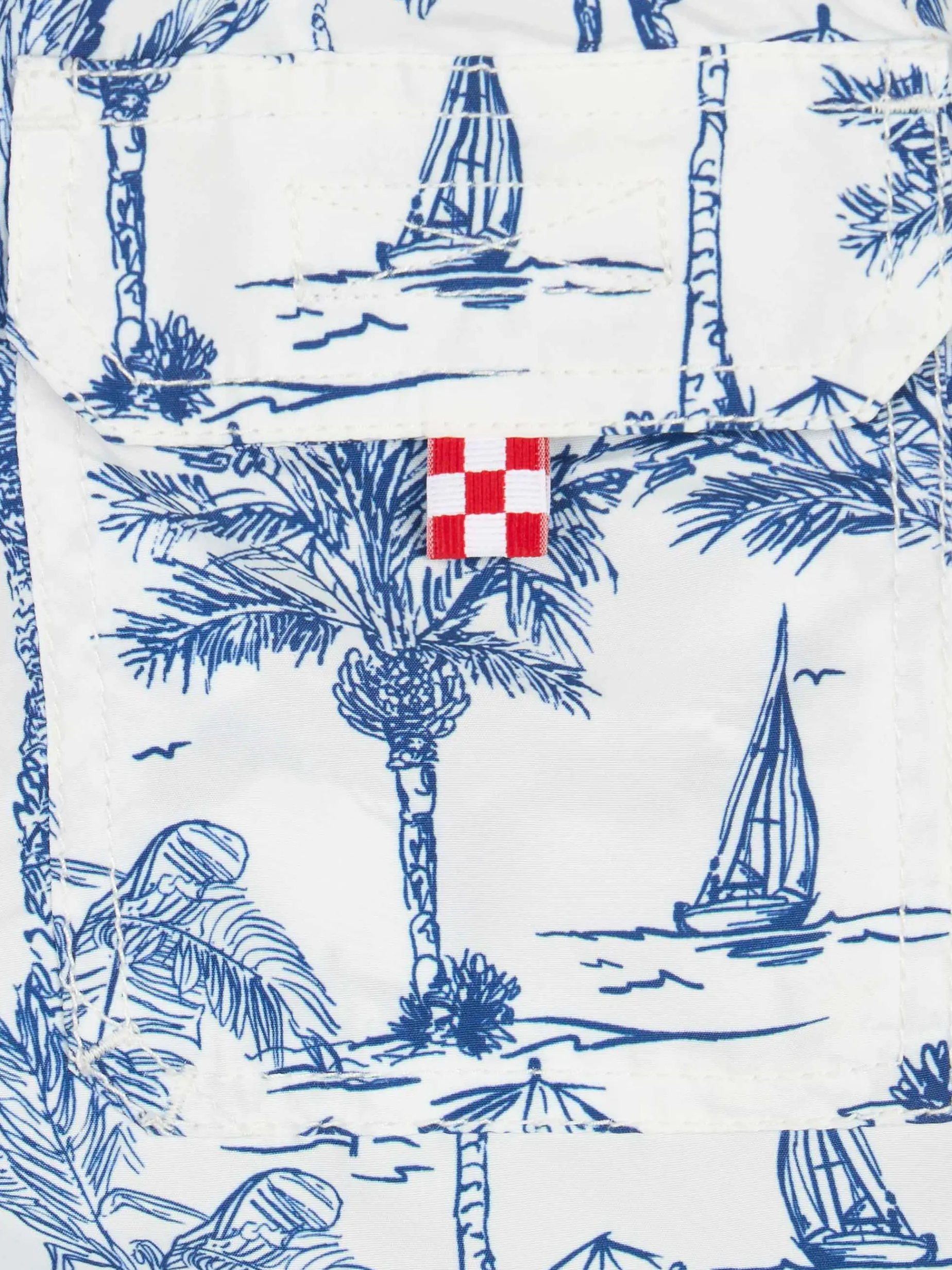 Mittellange Jeans-Badeshorts für Jungen mit Toile-de-Jouy-Print