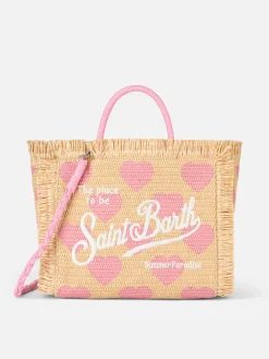 Naturbeige Colette Raffia Handtasche mit Herzstickerei