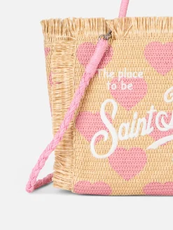 Naturbeige Colette Raffia Handtasche mit Herzstickerei