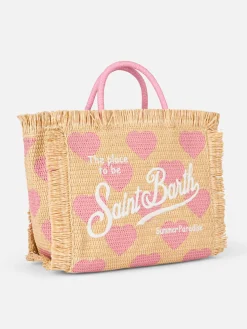 Naturbeige Colette Raffia Handtasche mit Herzstickerei